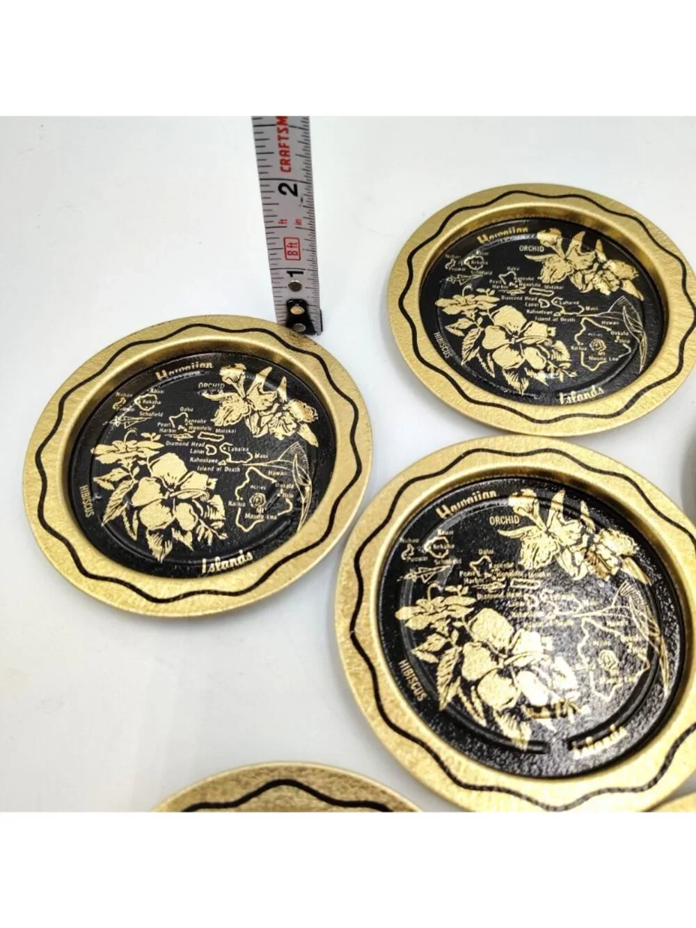 Hawaii Souvenir Metal Coaster Set 6 Vintage Gold Black Orchid Island Map 3.5